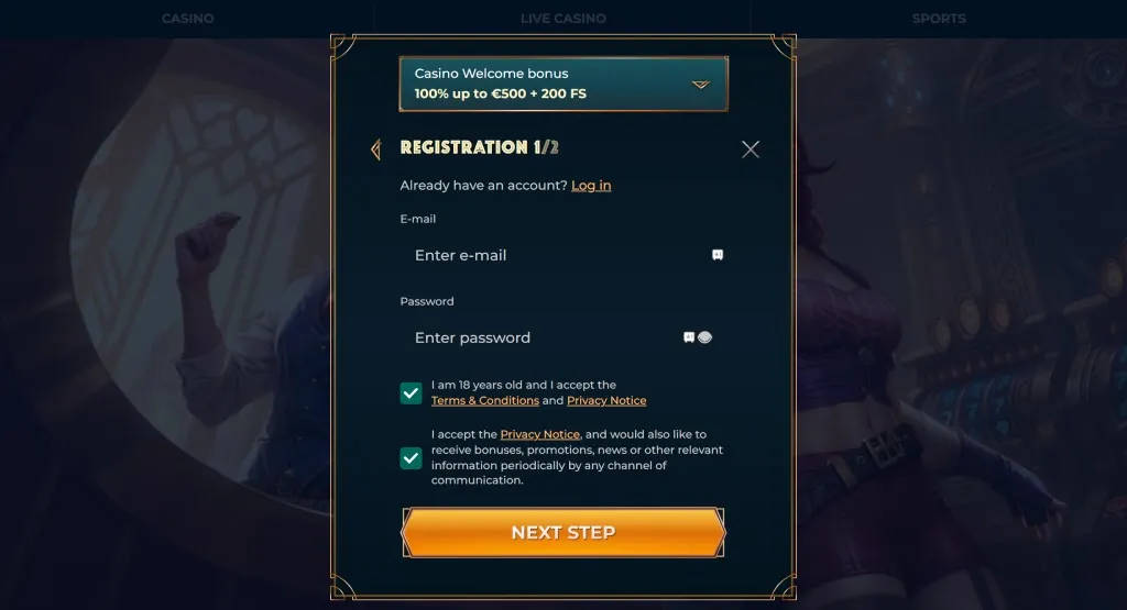 MonsterWin Casino registration page with fields for email, password, and checkboxes for accepting terms, privacy notice, and receiving offers. The casino welcome bonus offer is displayed.