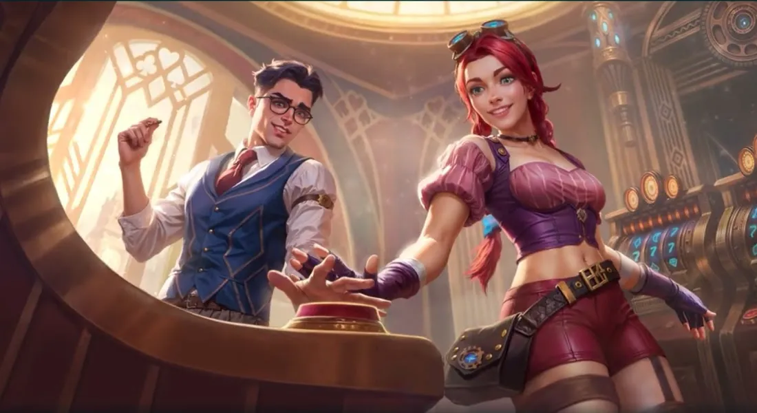 Illustration of a man and woman standing in front of a casino machine, both smiling. The man wears a vest and glasses, while the woman has red hair and is dressed in a steampunk-style outfit.