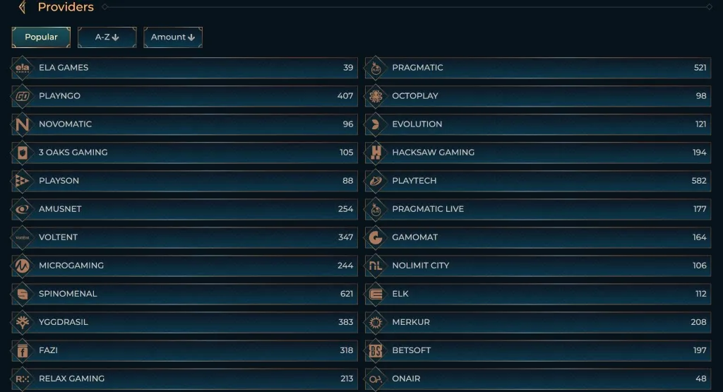 List of game providers on MonsterWin Casino, including popular providers like Pragmatic, Play'n GO, Novomatic, and Microgaming, with the number of available games next to each provider.
