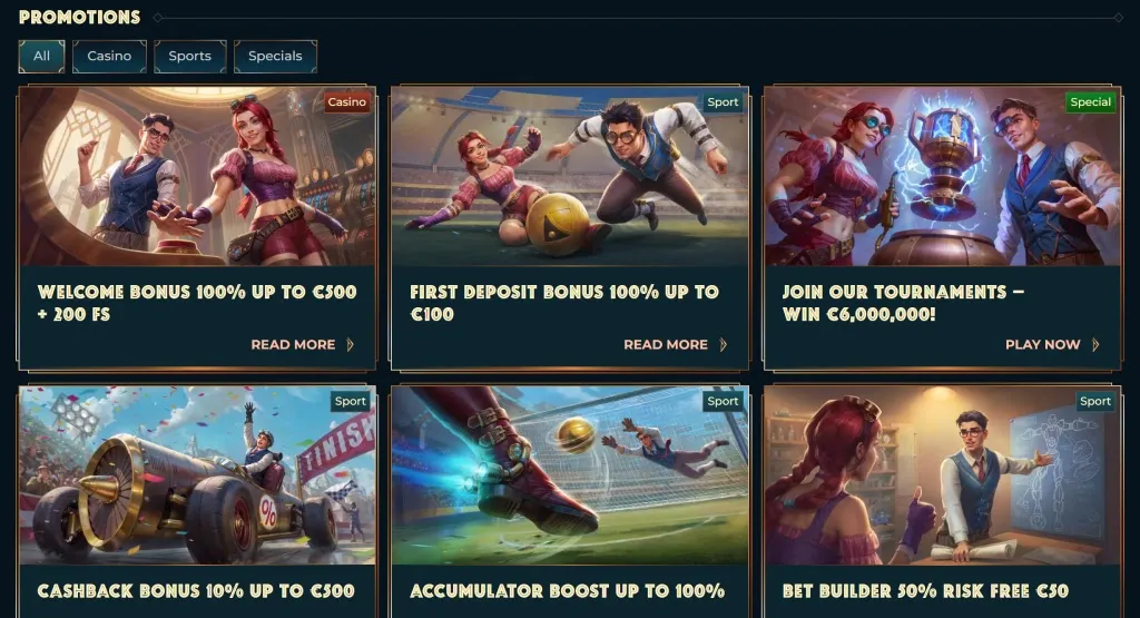 MonsterWin Casino promotions including welcome bonus, first deposit bonus, cashback bonus, accumulator boost, and tournament prizes with a chance to win €6,000,000.