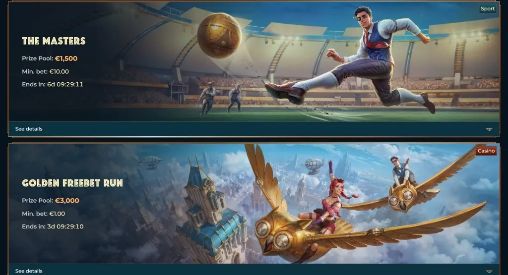 MonsterWin Casino tournaments with 'The Masters' sport event offering a €1,500 prize pool and 'Golden Freebet Run' casino event with a €3,000 prize pool, both with minimum bet requirements and countdown timers.