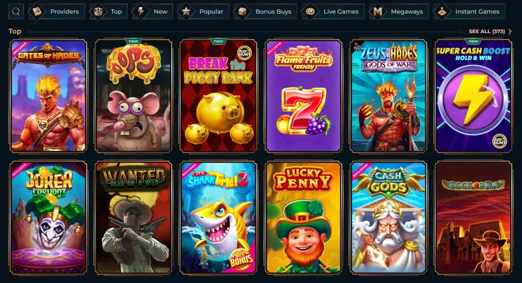 Top casino games on MonsterWin featuring titles like 'Gates of Hades', 'Break the Piggy Bank', 'Shark Time 2', and 'Cash Gods'. Games include new releases and popular options.