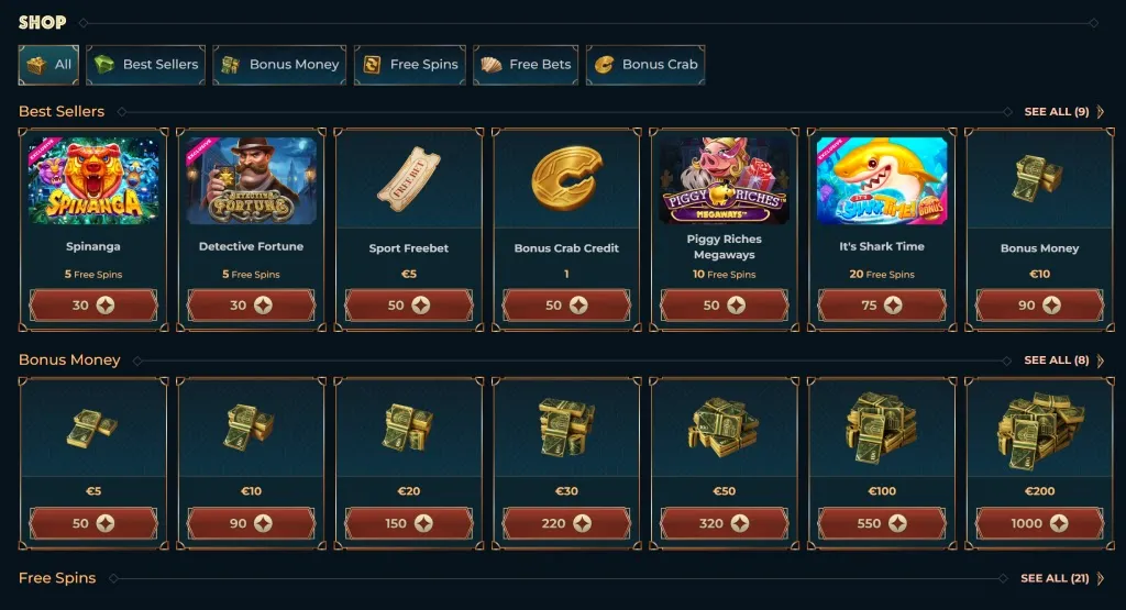 MonsterWin Casino shop with options for Best Sellers, Bonus Money, Free Spins, and Bonus Crab, including games like 'Spinanga' and 'Piggy Riches Megaways' with varying credits and free spins.