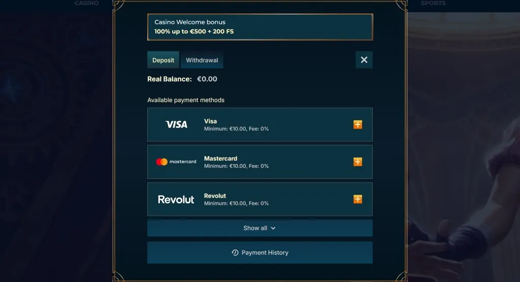 MonsterWin Casino payment page showing available deposit methods including Visa, Mastercard, and Revolut, with minimum deposit amounts and no fees displayed.