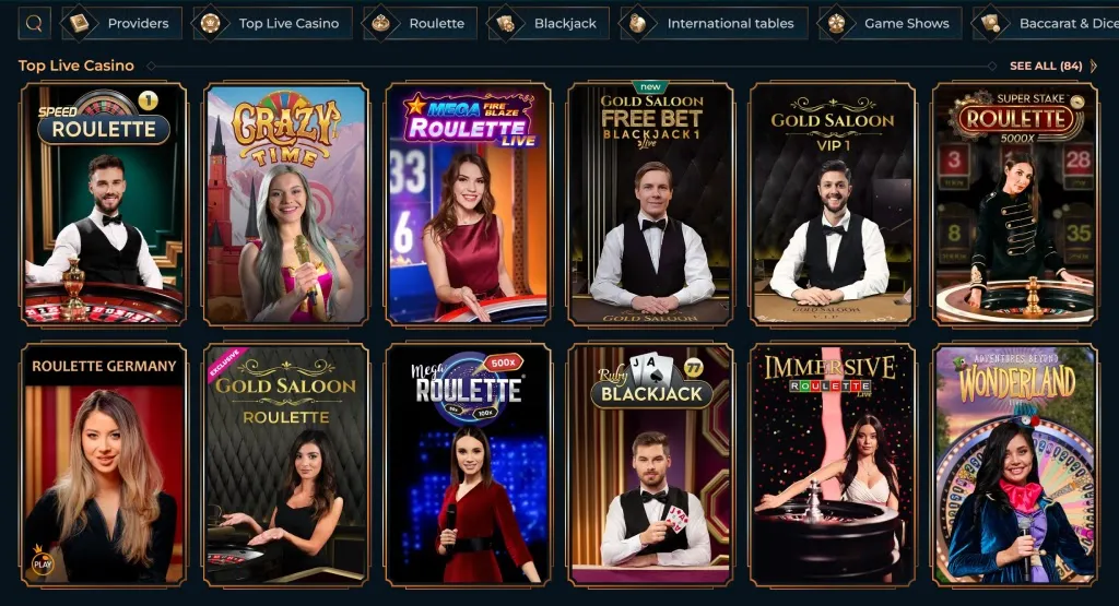 Top live casino games on MonsterWin featuring various roulette and blackjack tables, including 'Crazy Time', 'Gold Saloon', 'Immersive Roulette', and 'Super Stake Roulette'.