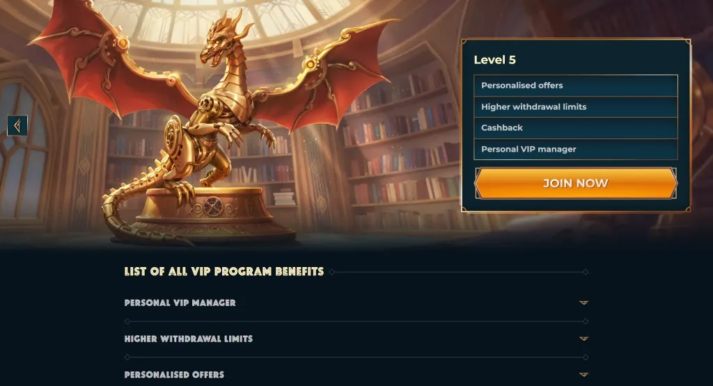MonsterWin Casino VIP program benefits for level 5, including personalized offers, higher withdrawal limits, cashback, and a personal VIP manager.