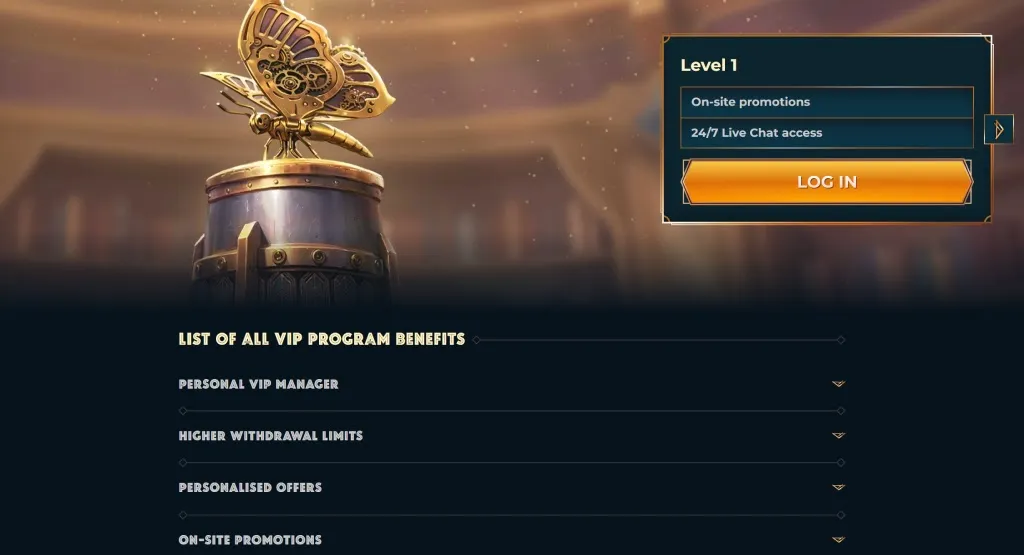MonsterWin Casino VIP program benefits for level 1, including on-site promotions, 24/7 live chat access, personalized offers, personal VIP manager, and higher withdrawal limits.