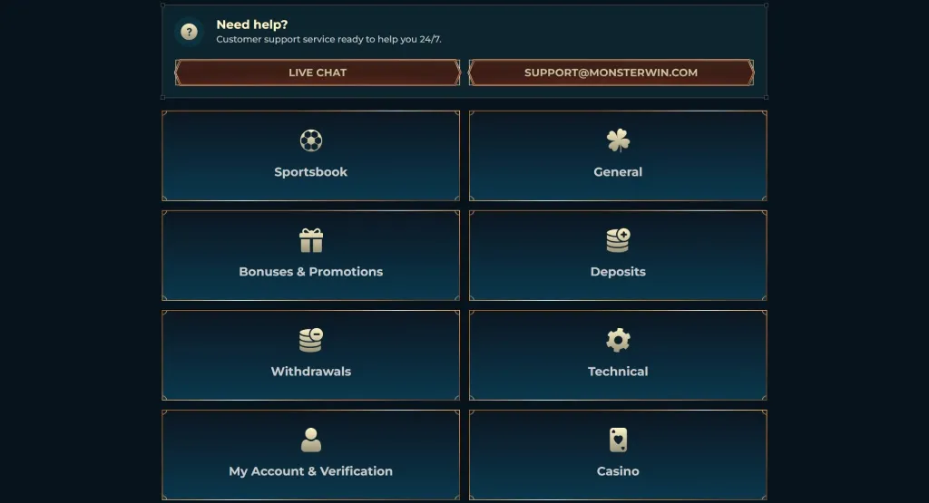 MonsterWin Casino help center with options for live chat, email support, and categories like Sportsbook, Bonuses & Promotions, Withdrawals, Deposits, Technical, and more.
