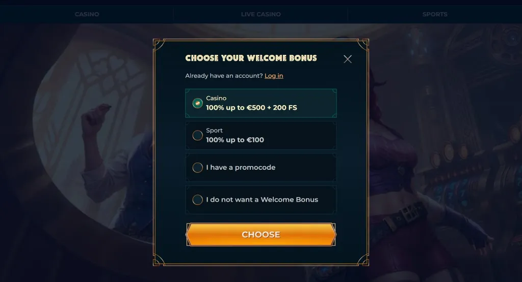 MonsterWin Casino welcome bonus selection page, offering options for a casino bonus of 100% up to €500 + 200 free spins, sports bonus, or entering a promo code.