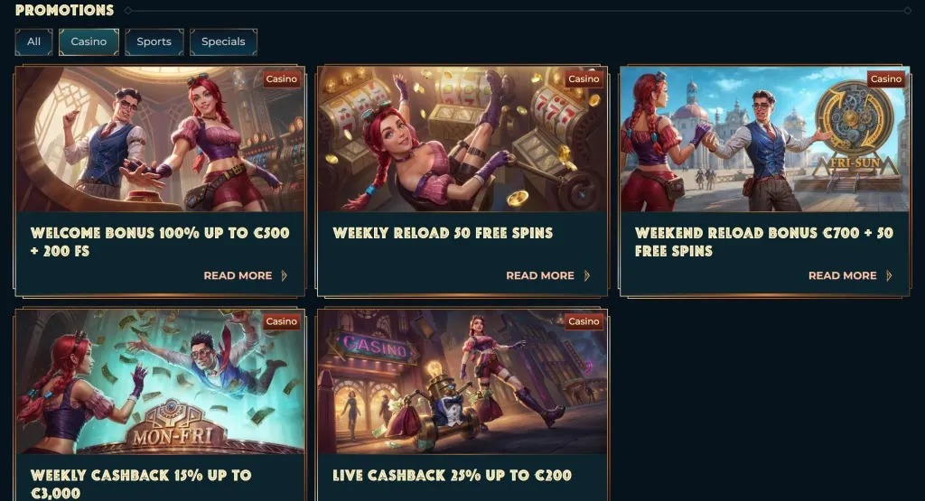 MonsterWin Casino promotions including a welcome bonus of 100% up to €500 + 200 free spins, weekly reload bonus, weekend reload bonus, weekly cashback, and live cashback offers.