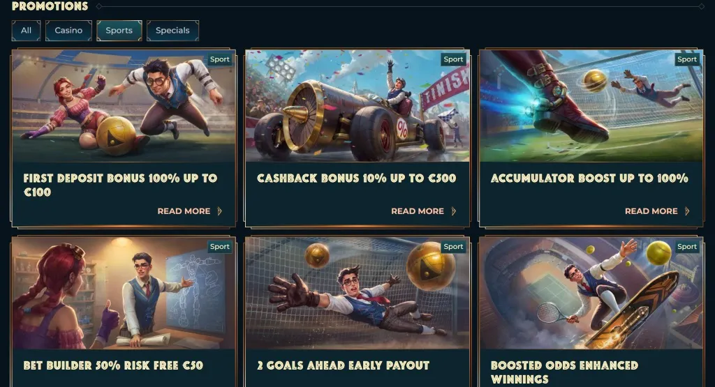 MonsterWin Casino sports promotions including a first deposit bonus up to €100, cashback bonus, accumulator boost, bet builder, early payout, and enhanced winnings.