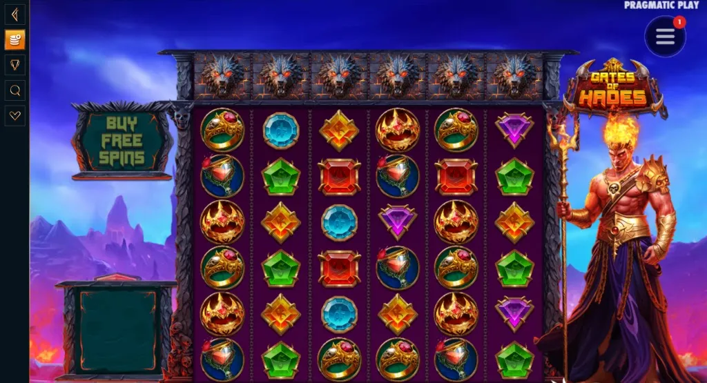 MonsterWin Casino game 'Gates of Hades' slot with vibrant symbols and the option to buy free spins.