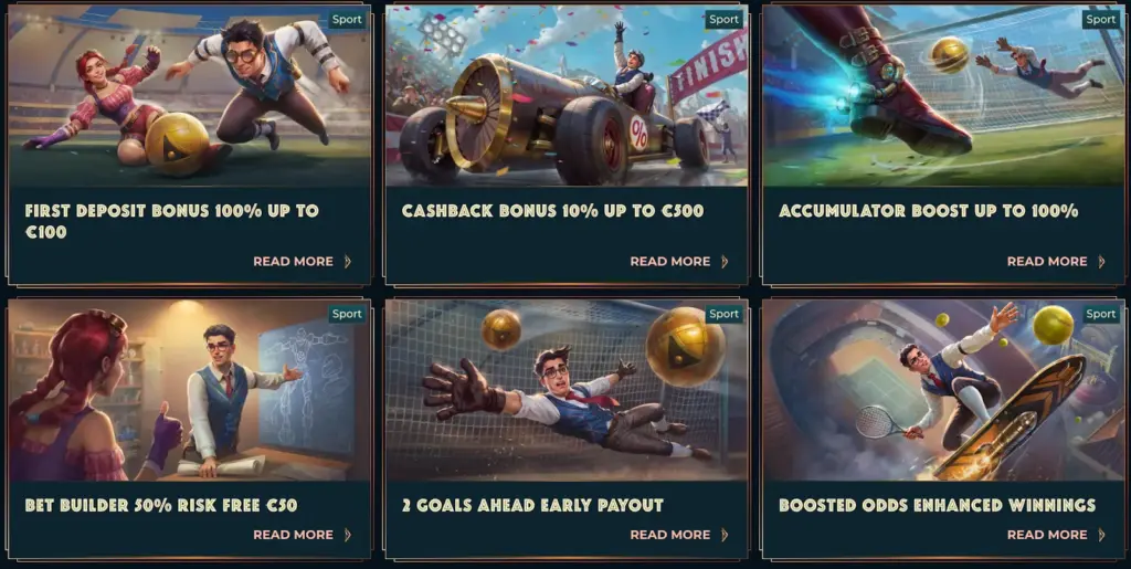 Six illustrated sports betting promotions, including bonuses, cashback, accumulator boosts, risk-free bet builder, early payout, and boosted odds