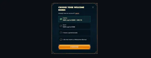Choose your welcome bonus page during registration