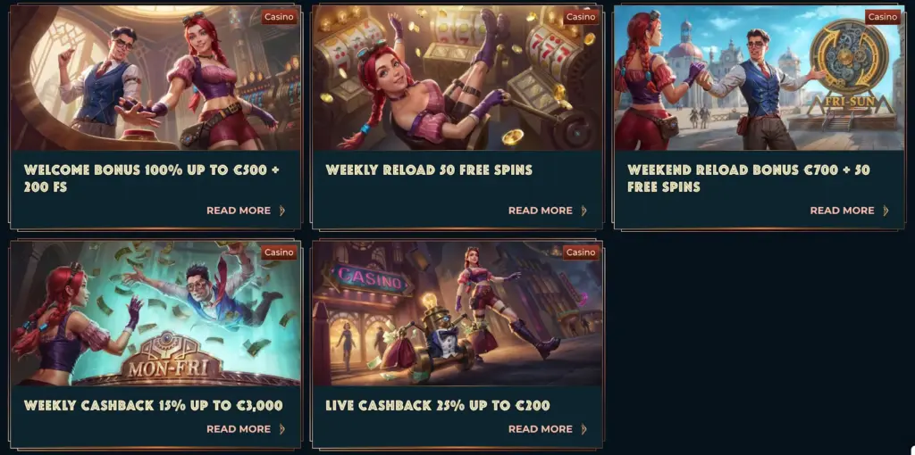 Six illustrated casino promotions, including welcome bonus, weekly reloads, weekend bonus, cashback offers, and live cashback.