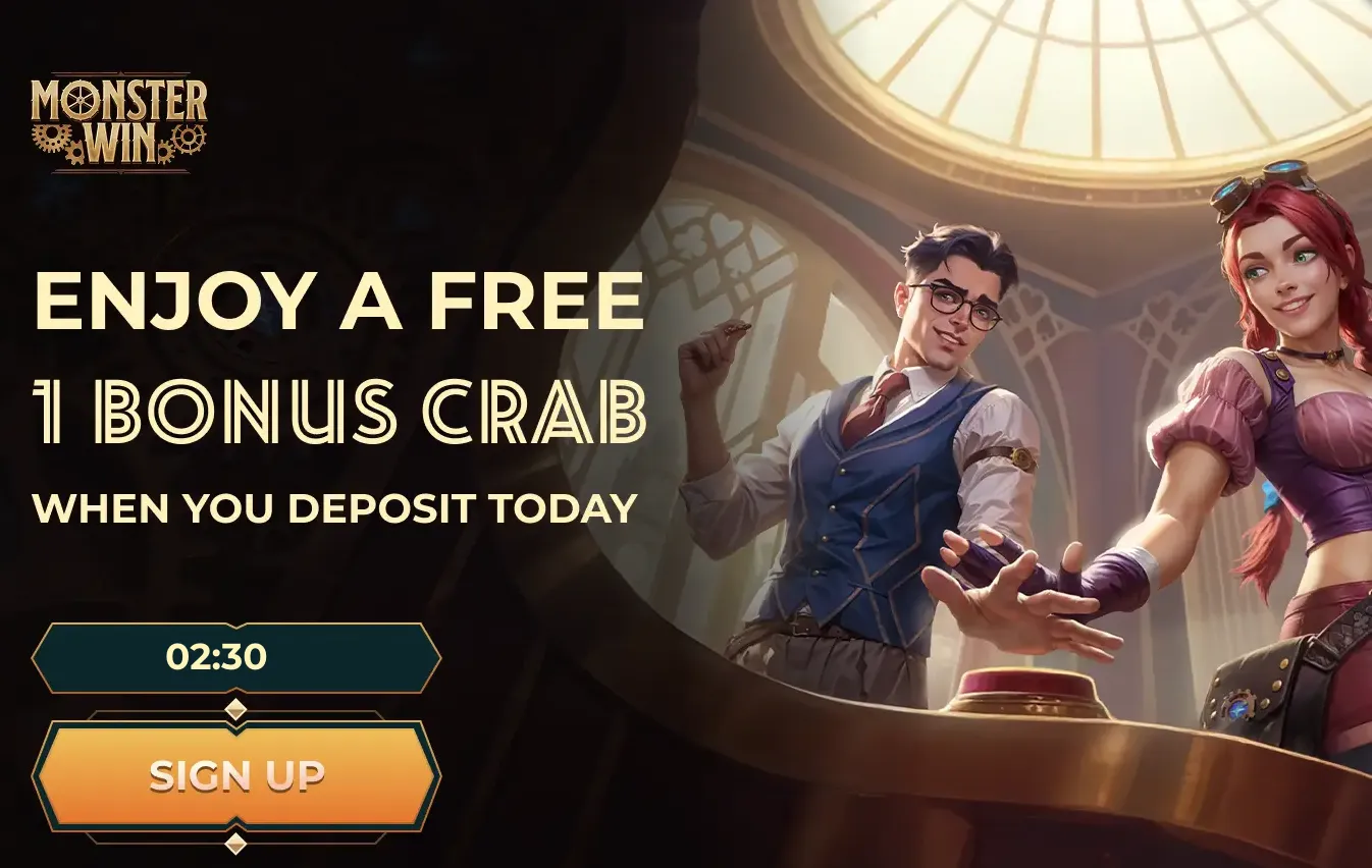 A promotional image for Monster Win Casino featuring a free bonus crab with today's deposit.
