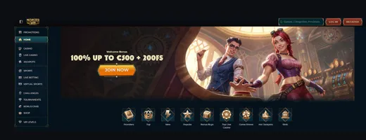 Main page showing 100% bonus promotion.