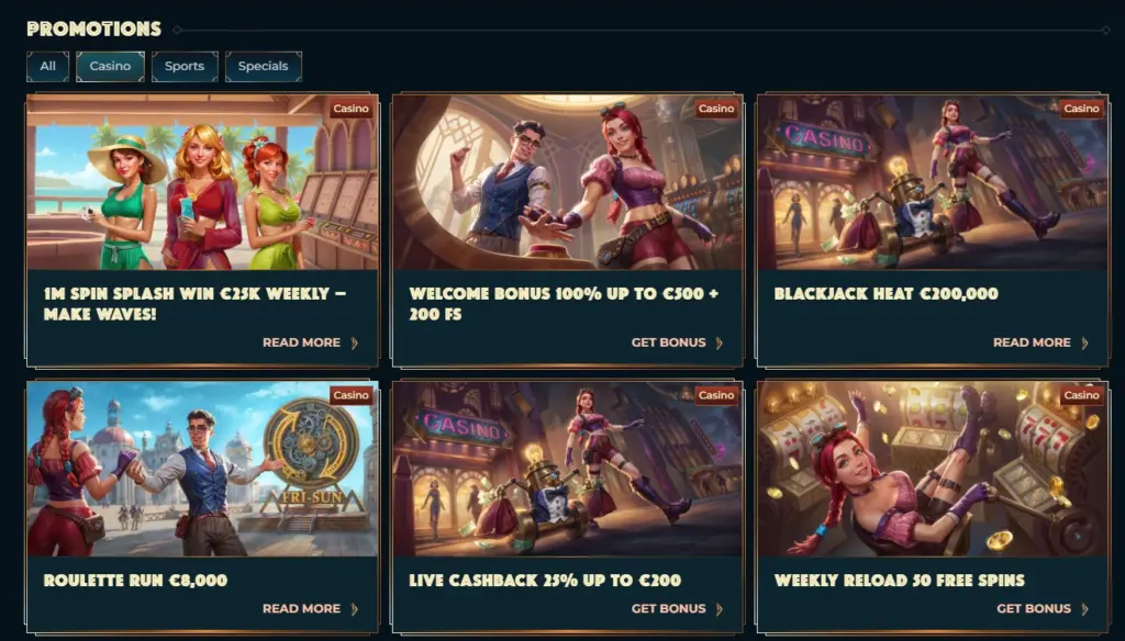 The casino bonuses listed on the MonsterWin promotions page