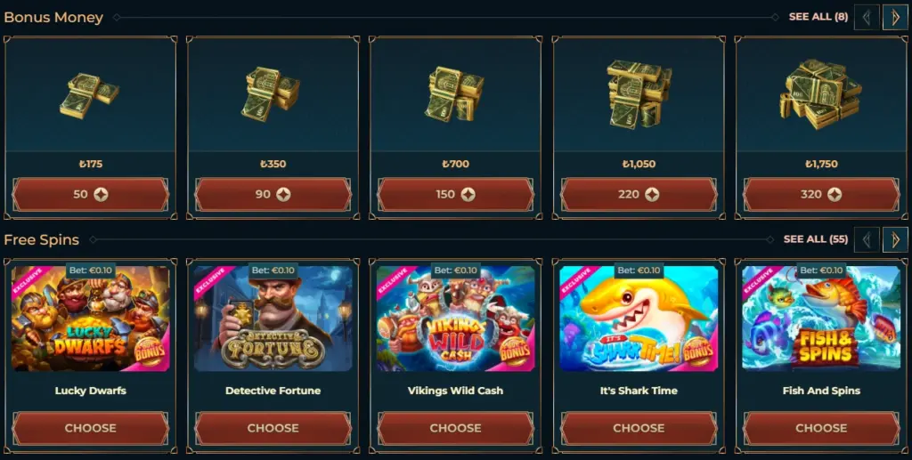 The bonus shop showcasing free spins and cash rewards without a deposit and promo code