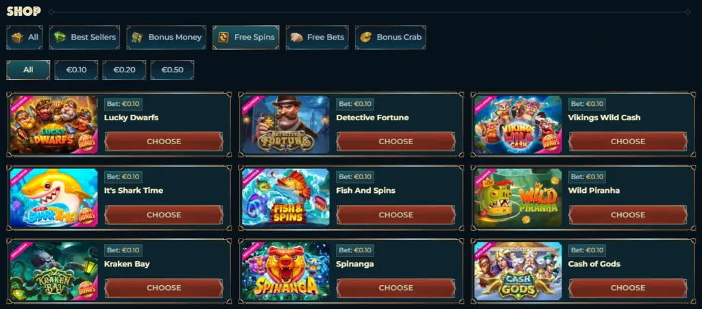 The MonsterWin shop free spins section