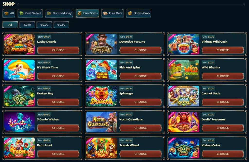 MonsterWin Casino bonus shop showcasing the free spin rewards