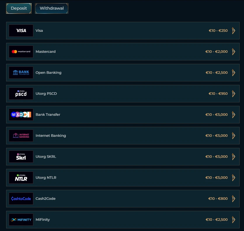 Some of the deposit methods listed at MonsterWin