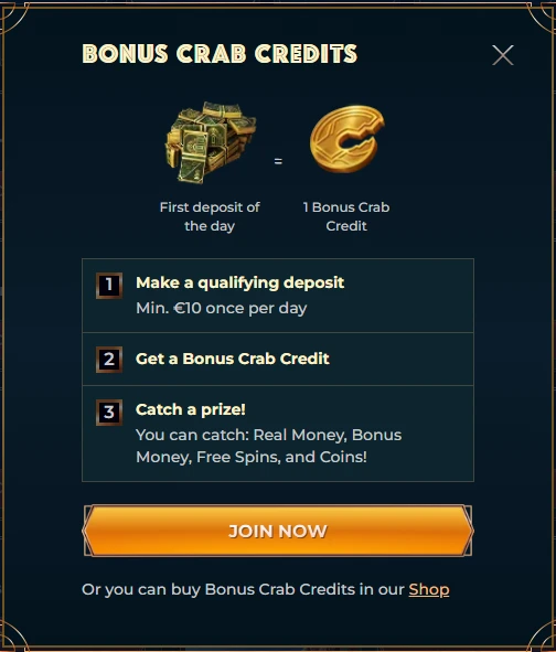 The bonus crab section with instructions on how to earn and use them