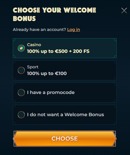 The welcome bonus selection screen
