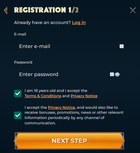 The email and password input screen with terms and conditions