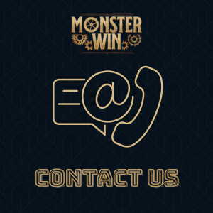 The "MonsterWin" logo, an icon of a telephone and a speech bubble with an "@" symbol, and the text "CONTACT US" on a dark background.