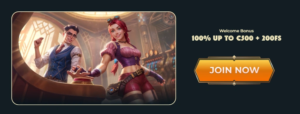 Alt text: The image shows a man and woman in a casino setting, promoting a "Welcome Bonus" of 100% up to €500 + 200 free spins, with a "JOIN NOW" button.