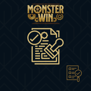 A paper with text, a stamp, and a checkmark under the MonsterWin logo.
