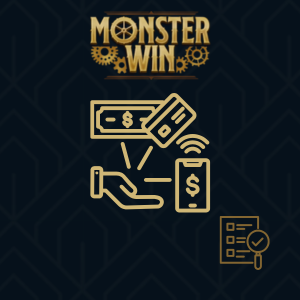 A hand, a smartphone, a credit card, and a dollar bill under the MonsterWin logo.