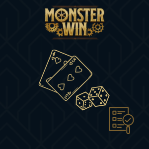 Two playing cards, two dice, and a clipboard with a checkmark, under the MonsterWin logo