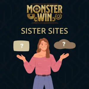 A woman stands under the MonsterWin logo with a question mark on each side.