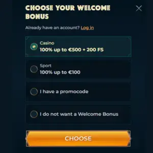 The welcome bonus selection screen