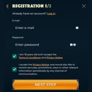 The email and password input screen with terms and conditions